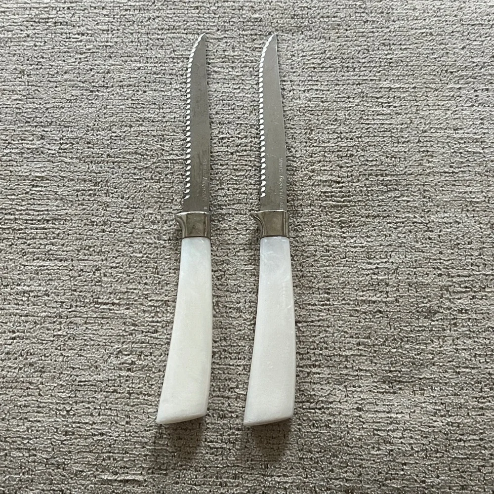 Vintage Forgecraft USA Steak Knives Set of 2 Pearlescent White Faux Pearl Handle